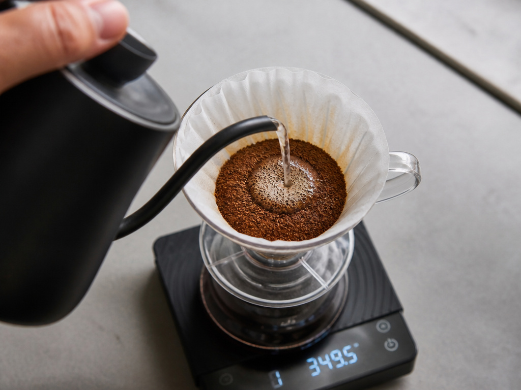 Essential coffee gear for brewing black coffee: grinder, scale, kettle, and pour-over.