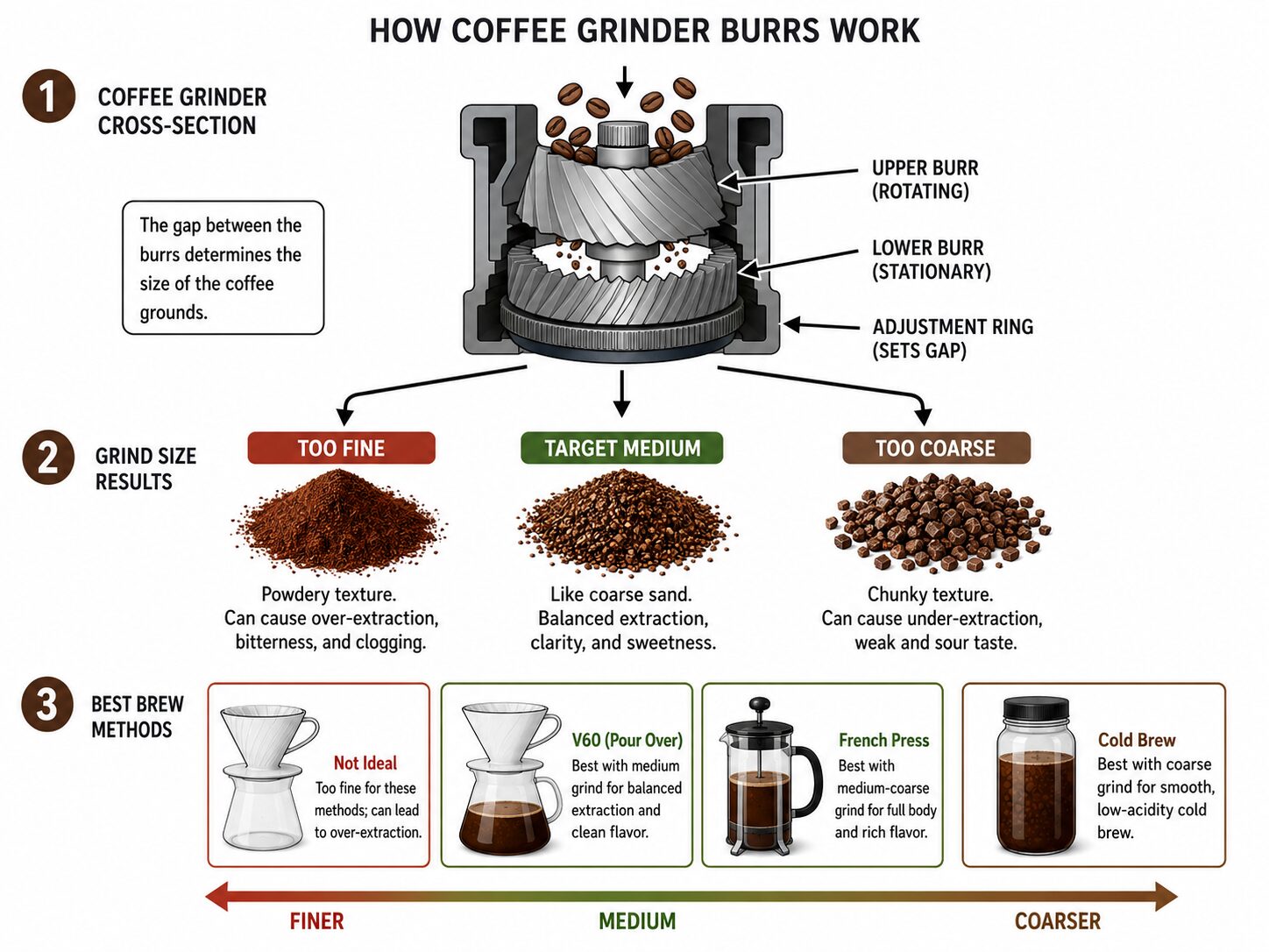 Coffee grind size diagram comparing fine, medium, and coarse for different brew methods.