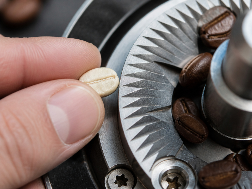 Hard white coffee bean beside commercial grinder burrs for tough grinding.