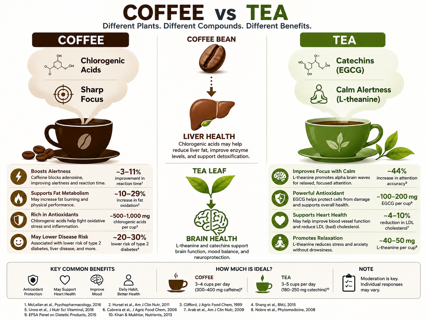 Infographic comparing the health benefits and compounds in coffee versus tea.