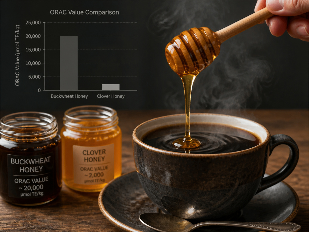 Close-up of honey being drizzled into coffee cup with different honey types.