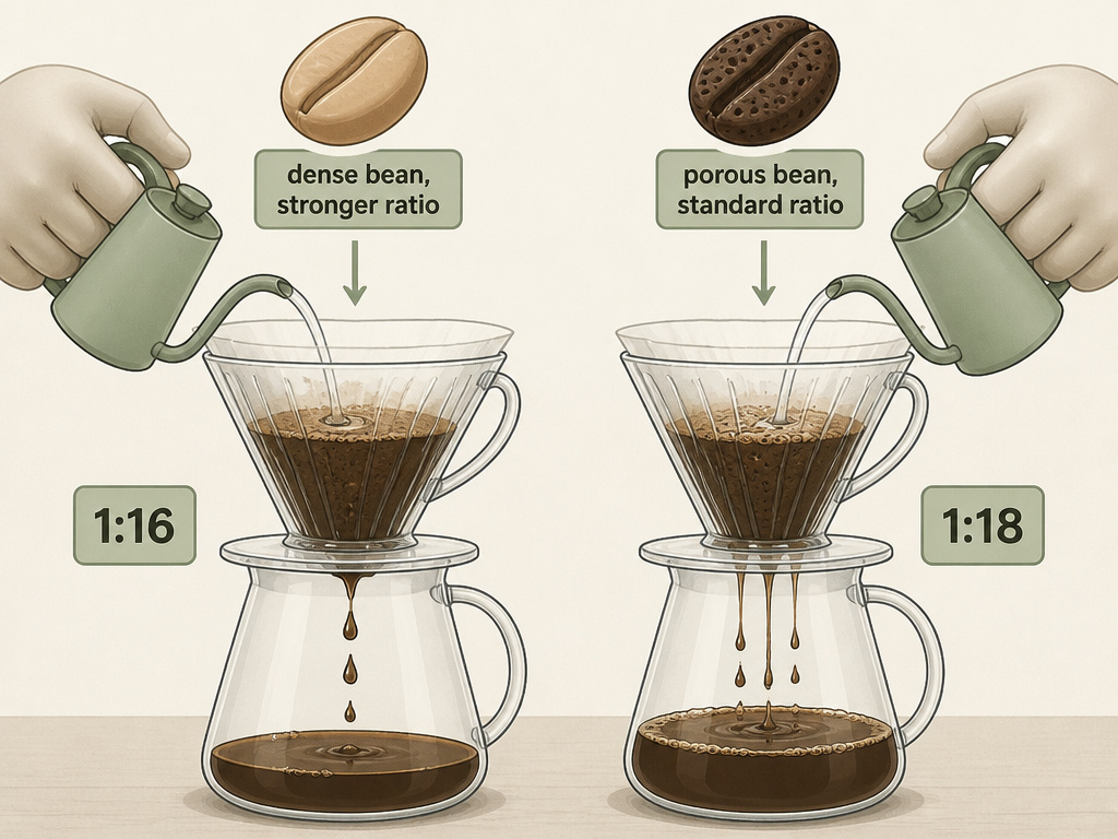 Diagram comparing coffee to water ratios for light roast versus dark roast beans