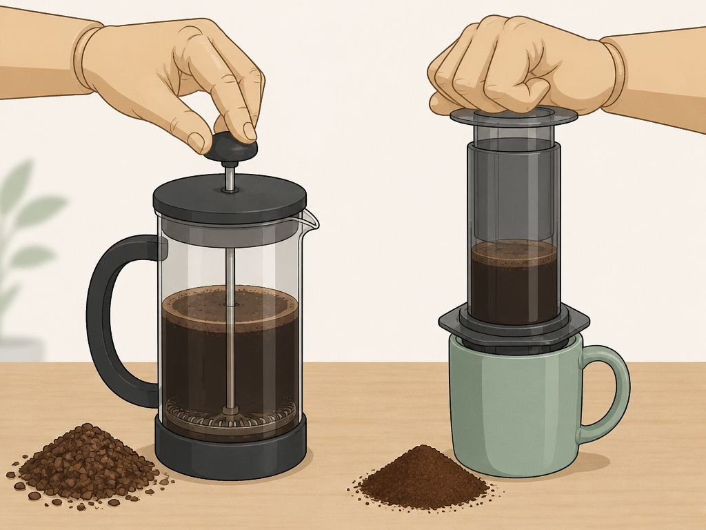 French press and AeroPress immersion brewing methods without a coffee machine.