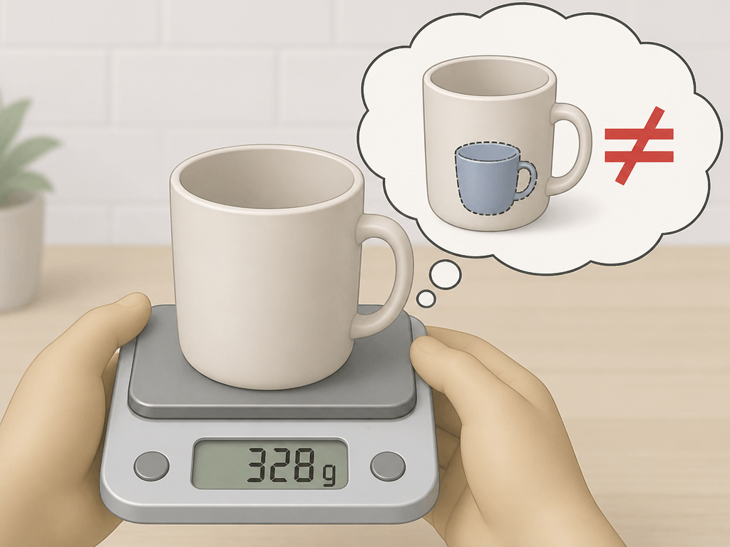 Cartoon diagram comparing a large coffee mug's true volume to a standard 6-ounce cup.