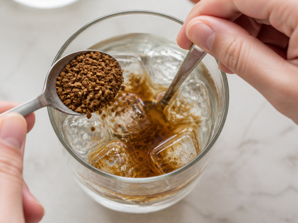 Hands shaking instant coffee, sugar, and water to make iced coffee foam.