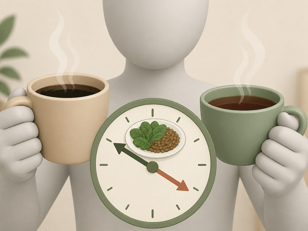 Black tea and coffee timing for iron absorption, cartoon clock and food