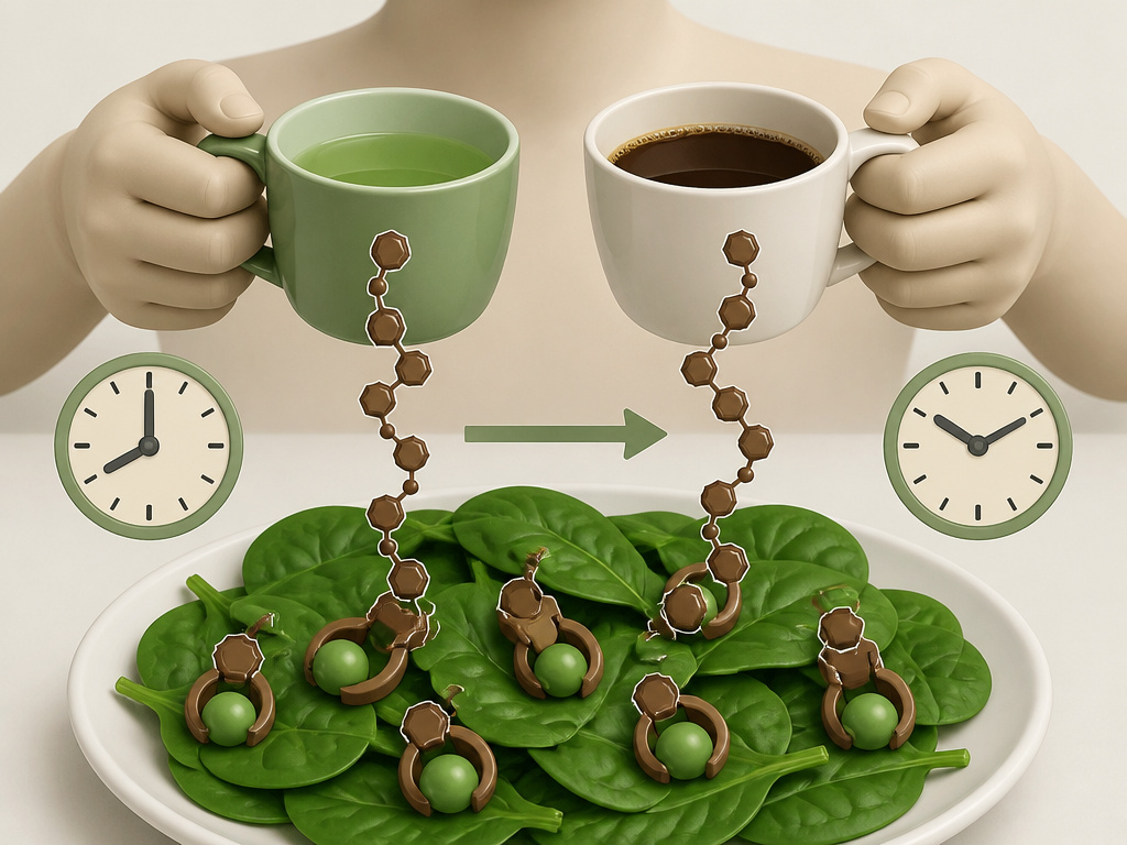 Tea and coffee polyphenols binding to iron from spinach, inhibiting absorption