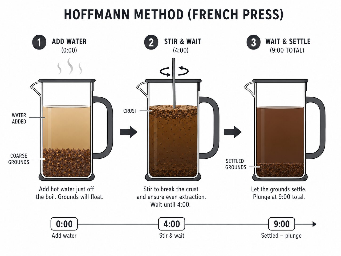 Diagram of James Hoffmann French press method with 4 and 5 minute wait times