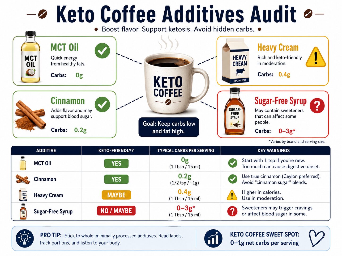 Infographic comparing carb content and keto-friendliness of coffee additives.