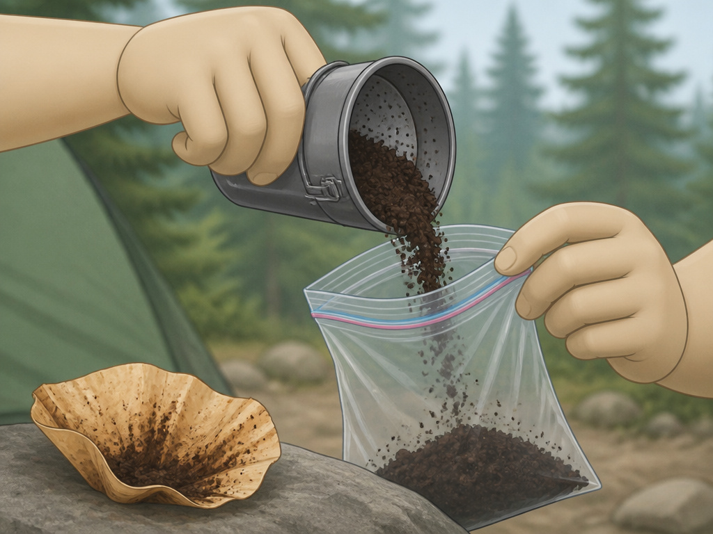 Packing out used coffee grounds and filter while camping to leave no trace
