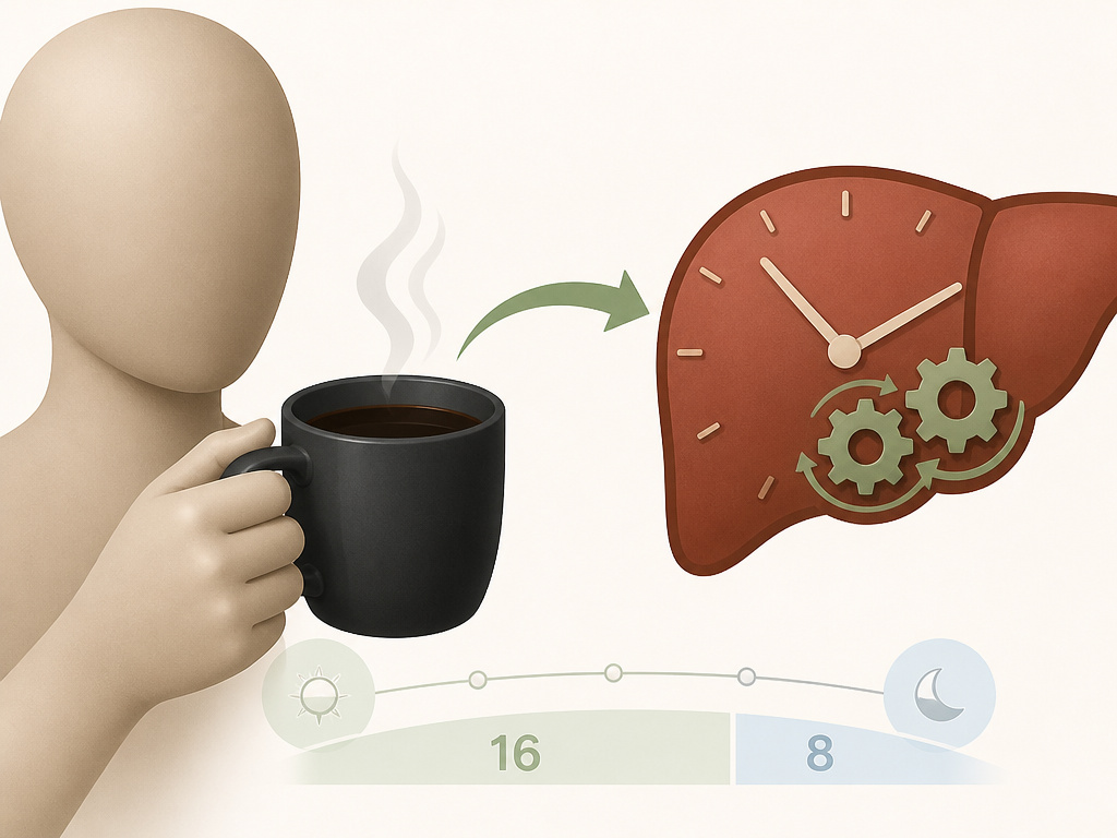 Black coffee triggering liver clock theory in intermittent fasting diagram.