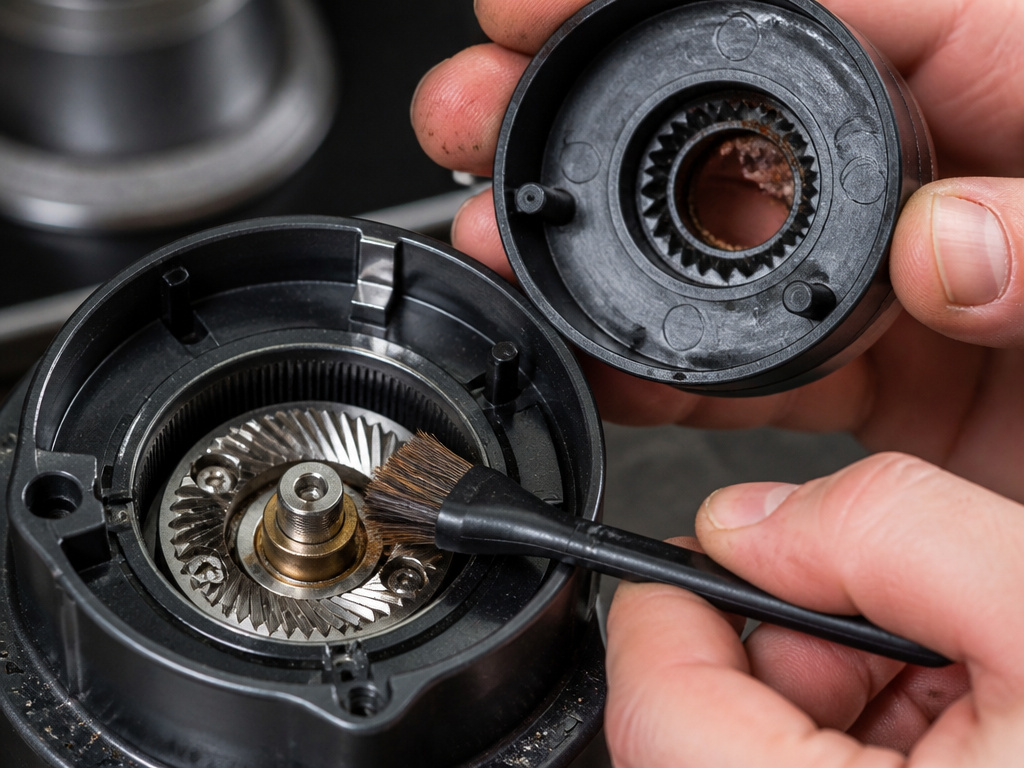 Close-up of cleaning the burr set in a disassembled coffee grinder.