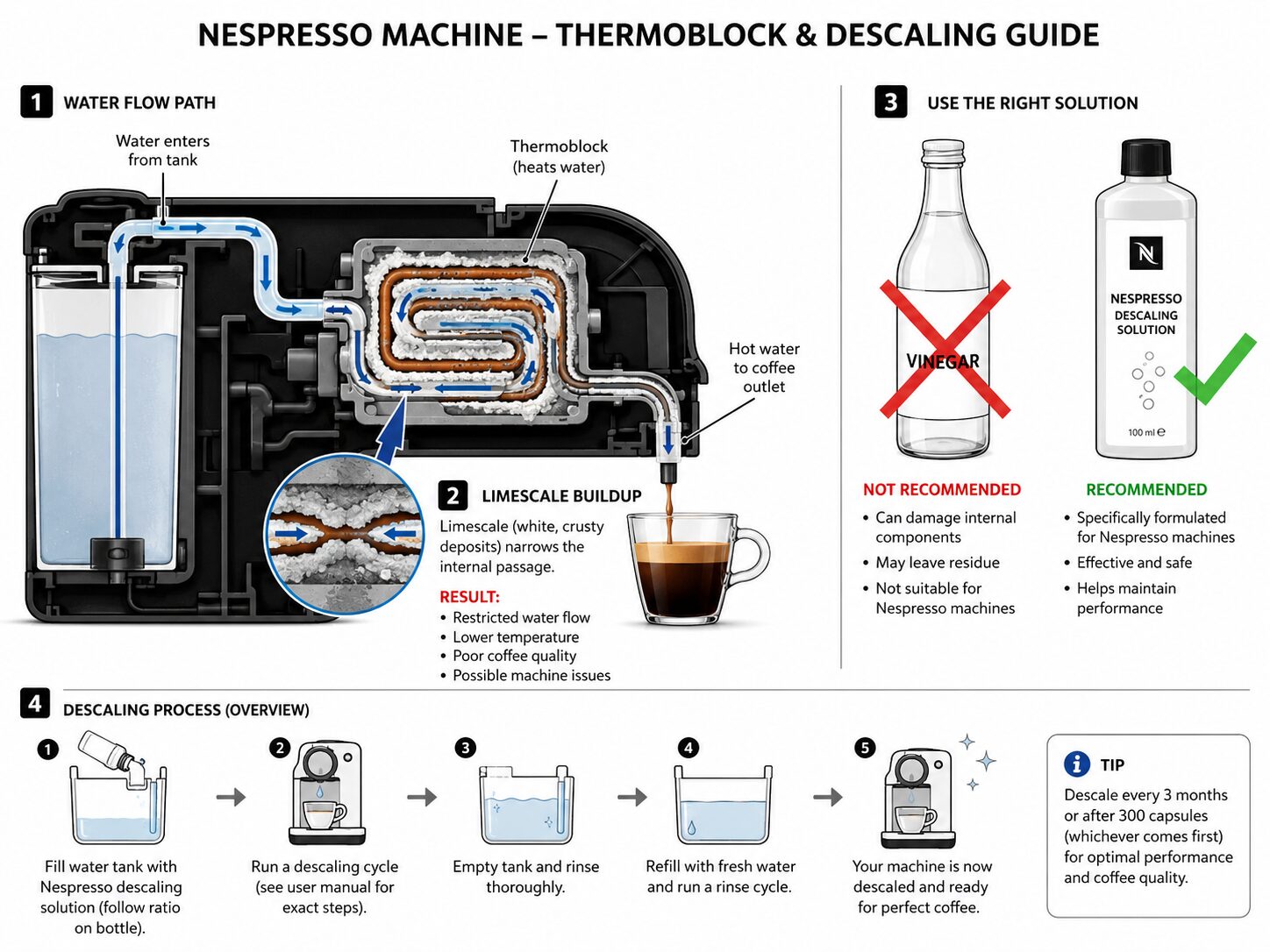 Diagram of limescale blocking a Nespresso thermoblock, with correct descaler shown.