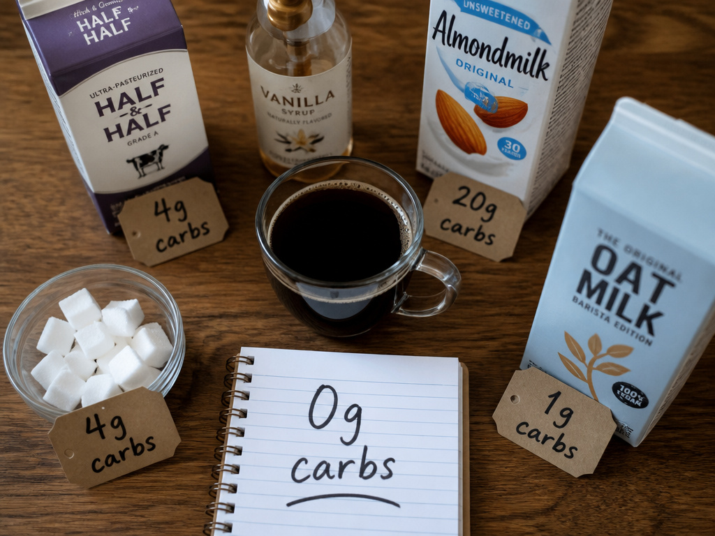 Black coffee with zero carbs versus high-carb additives like sugar and syrup.