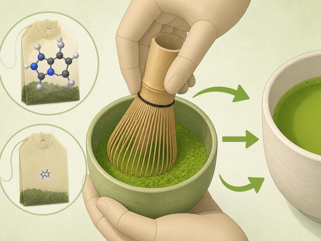 Matcha powder and tea steeping diagrams explaining caffeine content exceptions.