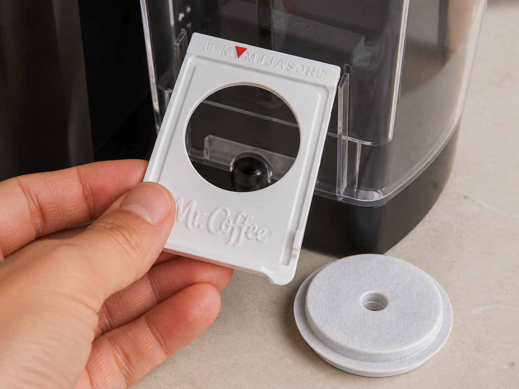 Installing the Mr Coffee water filter frame into the machine's reservoir.