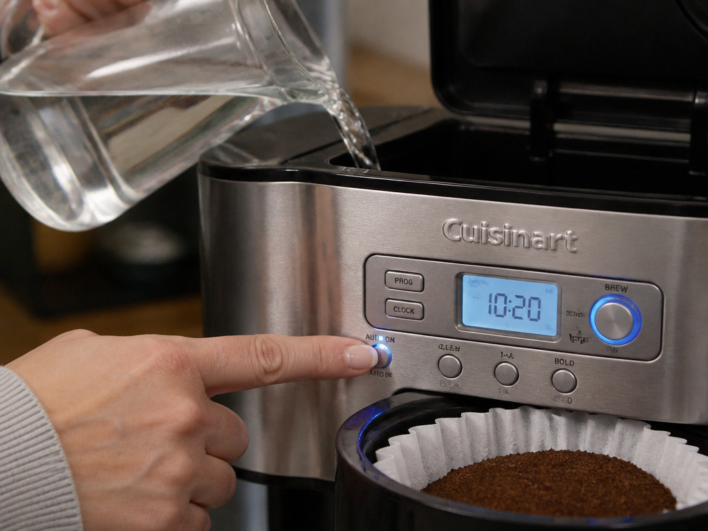 Night-before checklist for programming a Cuisinart coffee maker, adding water and setting to Auto On.