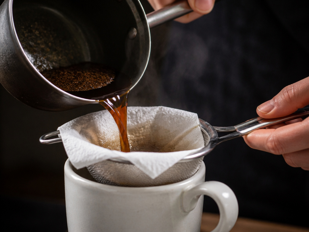 Pouring cowboy coffee through a paper towel-lined sieve into a mug.