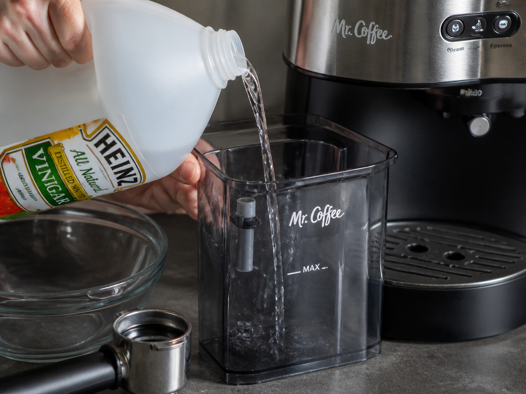 Descaling a Mr. Coffee espresso machine with vinegar and water solution.