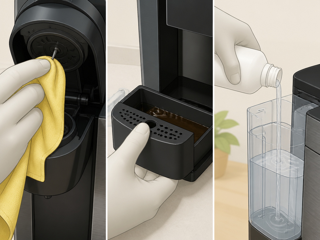 Daily, weekly, and monthly Keurig coffee maker maintenance tasks close-up