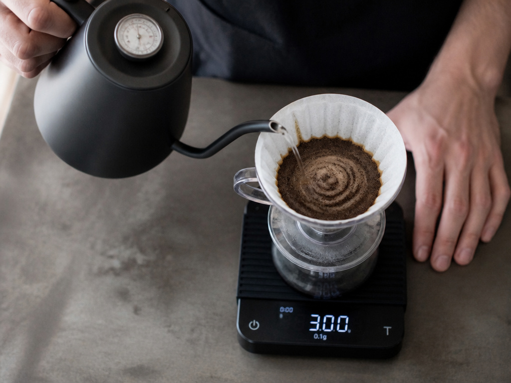 Digital scale and gooseneck kettle for precise pour-over coffee brewing.