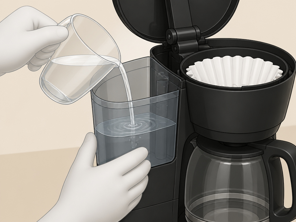 Mixing equal parts white vinegar and water in a Black & Decker coffee maker reservoir.