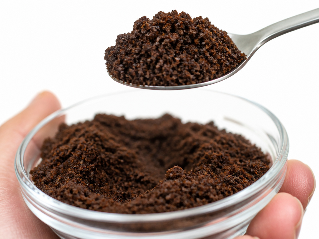 Close-up of a hand holding a bowl and spoon of used coffee grounds.