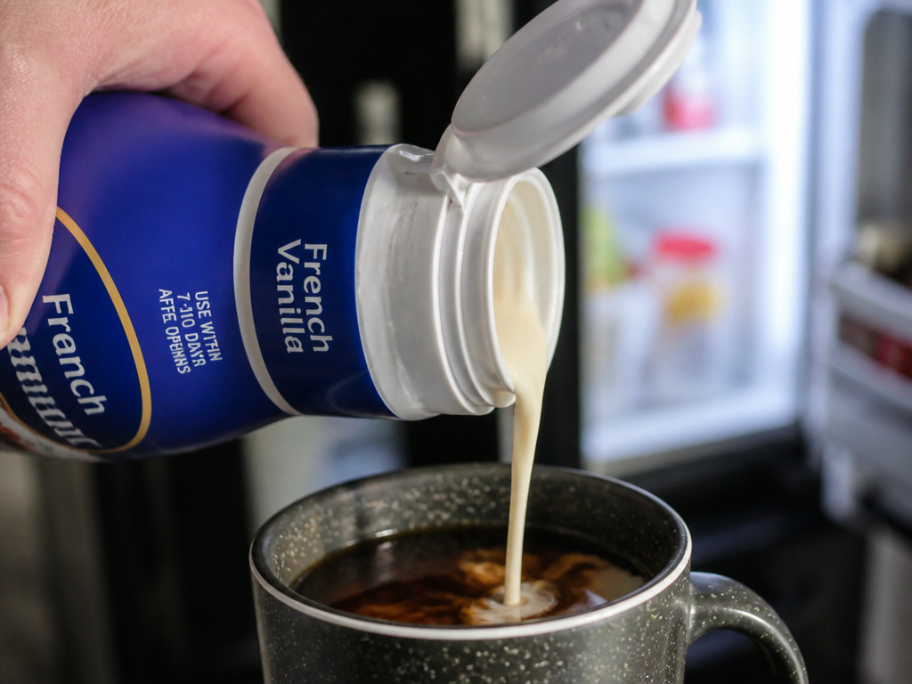 Pouring coffee creamer into a mug, showing opened bottle's use-by instructions.