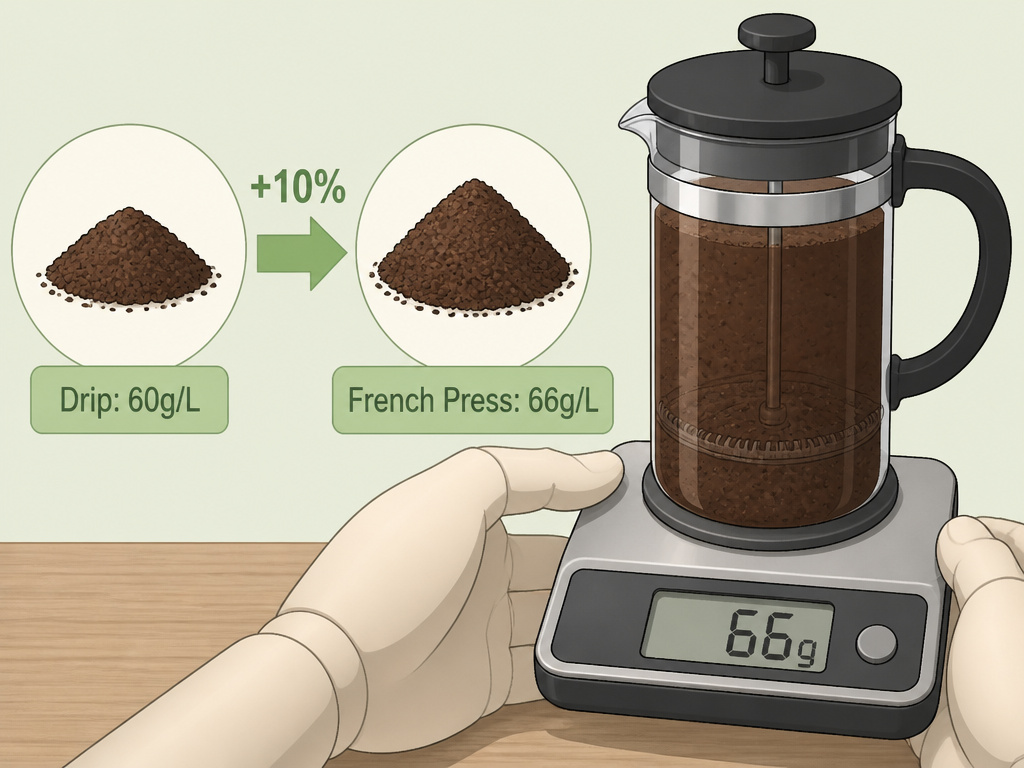 Adjusting coffee to water ratio for French press versus drip machine brewing.
