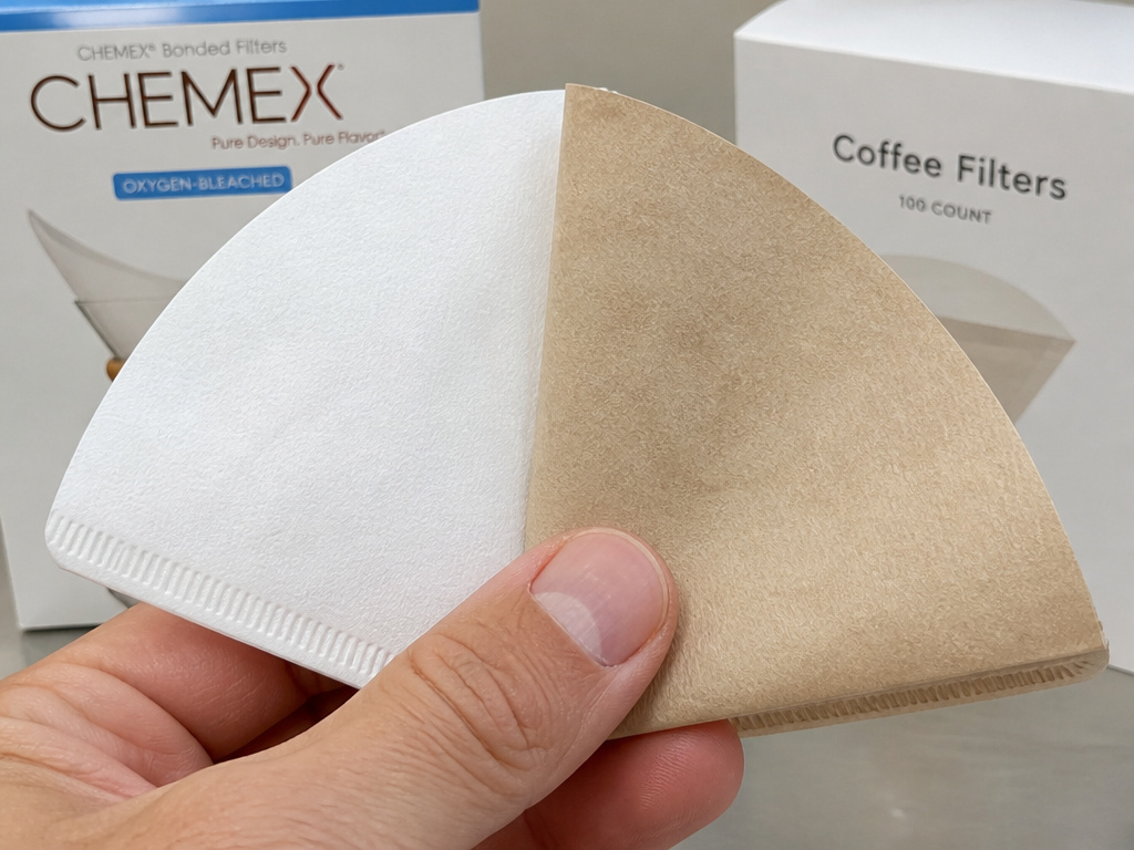 White versus brown paper coffee filters held in a close-up comparison.