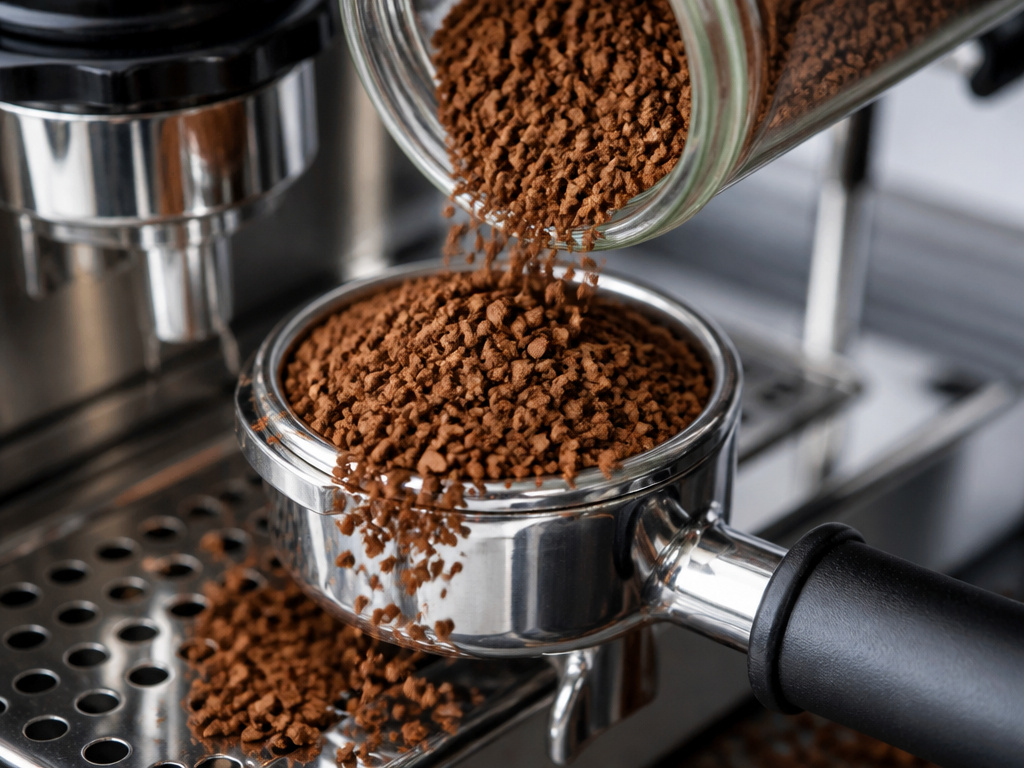 Instant coffee granules being poured into an espresso machine portafilter basket.