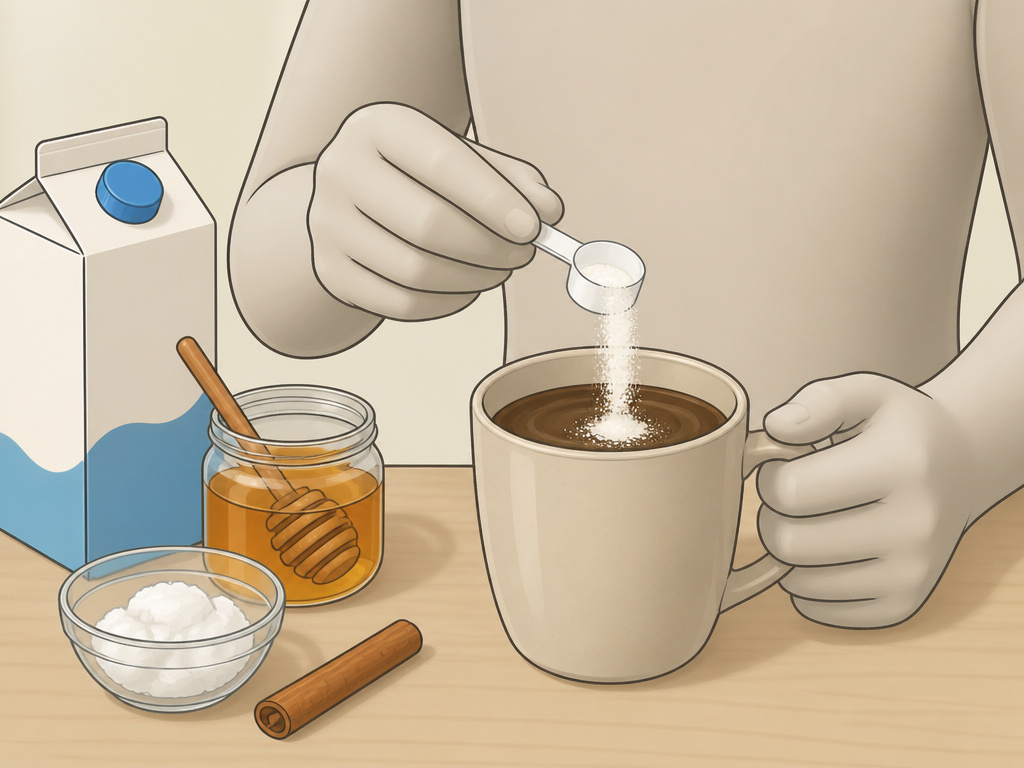 Adding creatine powder to coffee alongside common additives like milk and honey.