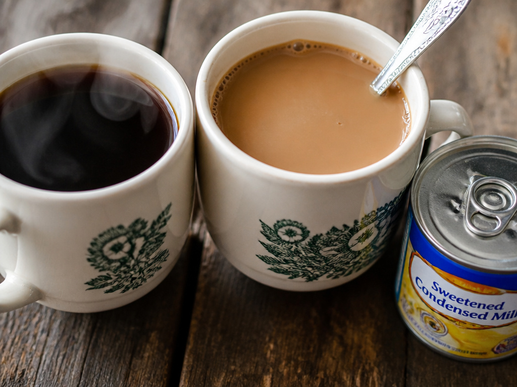 Black coffee next to Ipoh white coffee with condensed milk for comparison.