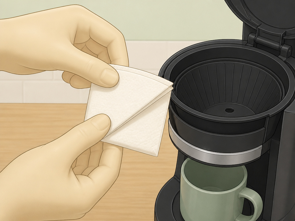 Hands folding a paper towel to use as a makeshift coffee filter in a drip machine.