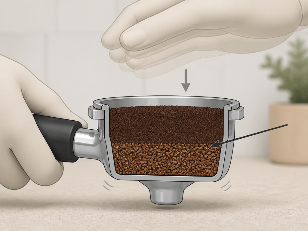 Diagram of the stratified coffee puck method for espresso preparation.