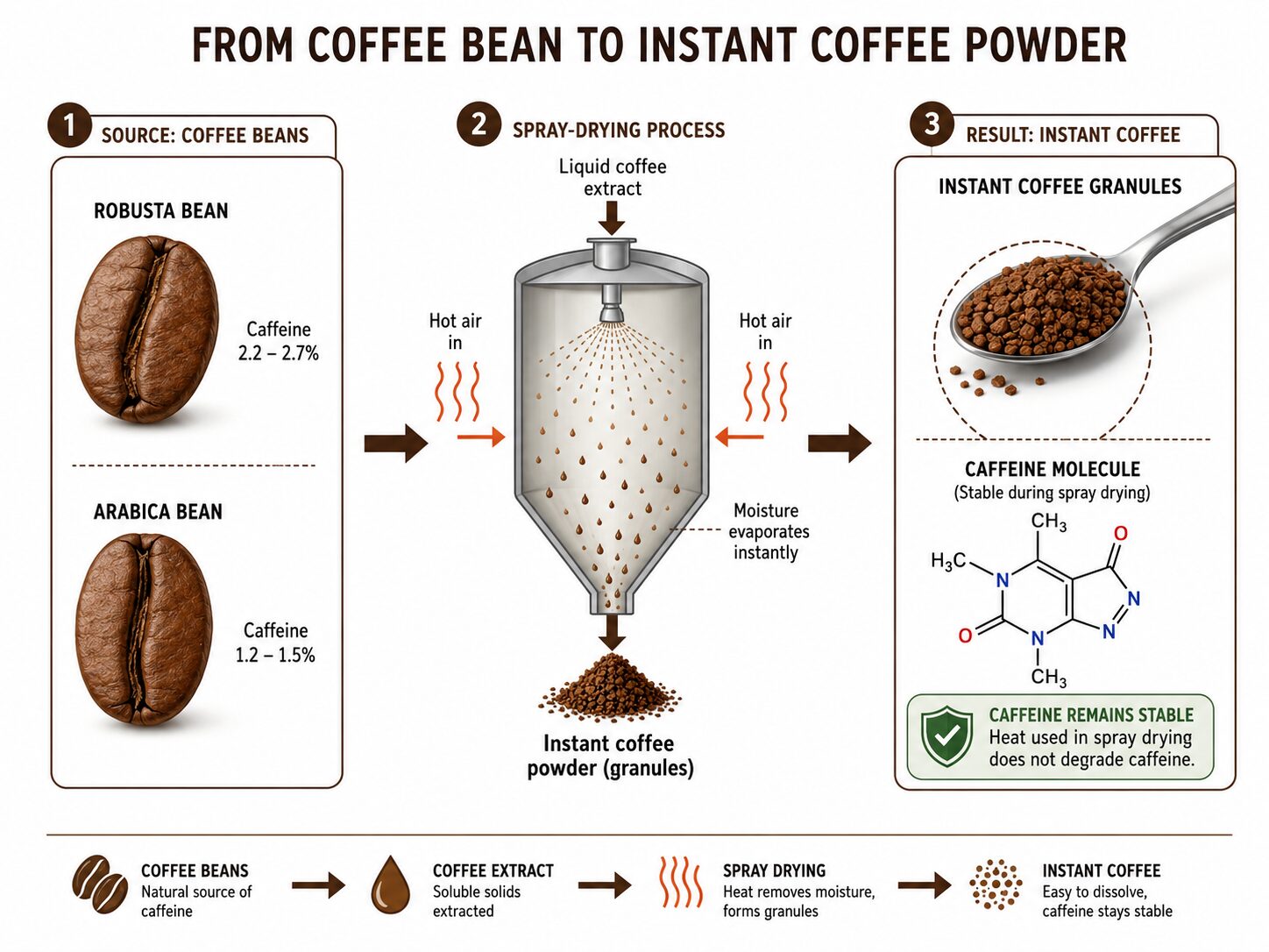 Diagram comparing caffeine in bean types and instant coffee production process.