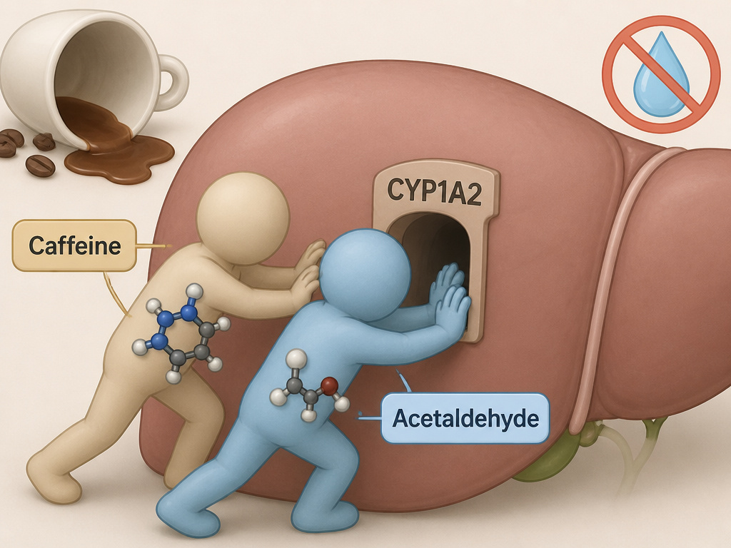 Diagram of caffeine and hangover toxin competing for the same liver enzyme.