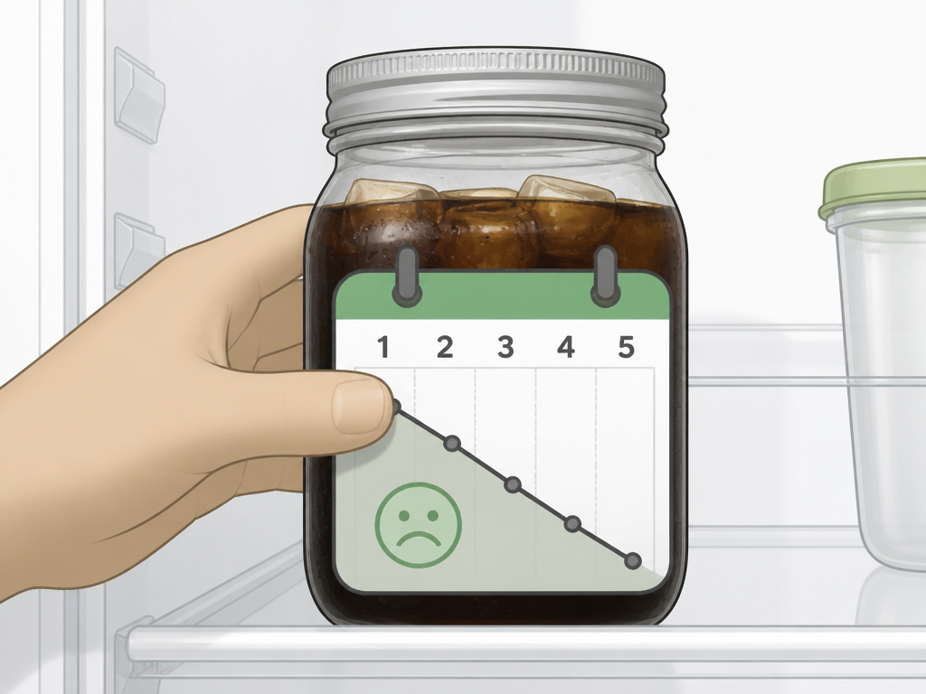 Cartoon timeline showing iced coffee freshness declining over five days in fridge.