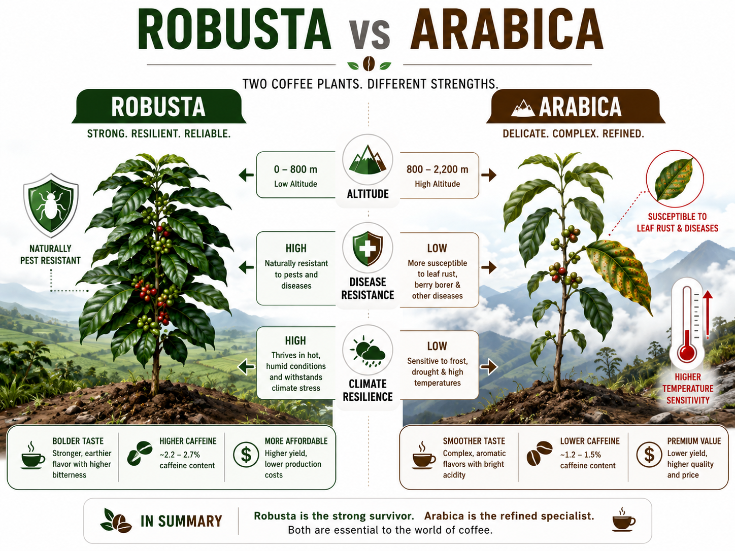 Infographic comparing Robusta and Arabica plant hardiness, altitude, and disease resistance.