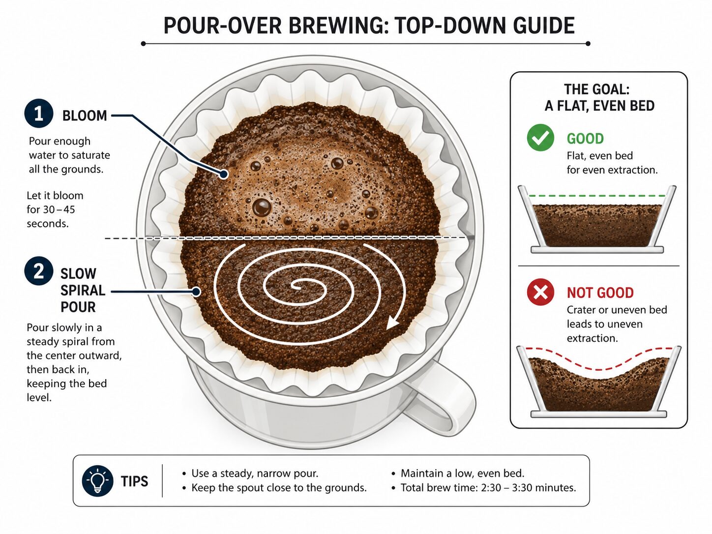 Diagram of pour-over coffee method showing bloom phase and spiral pouring technique.