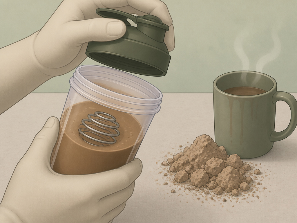 Blender bottle mixing smooth protein coffee versus clumpy hot mixture