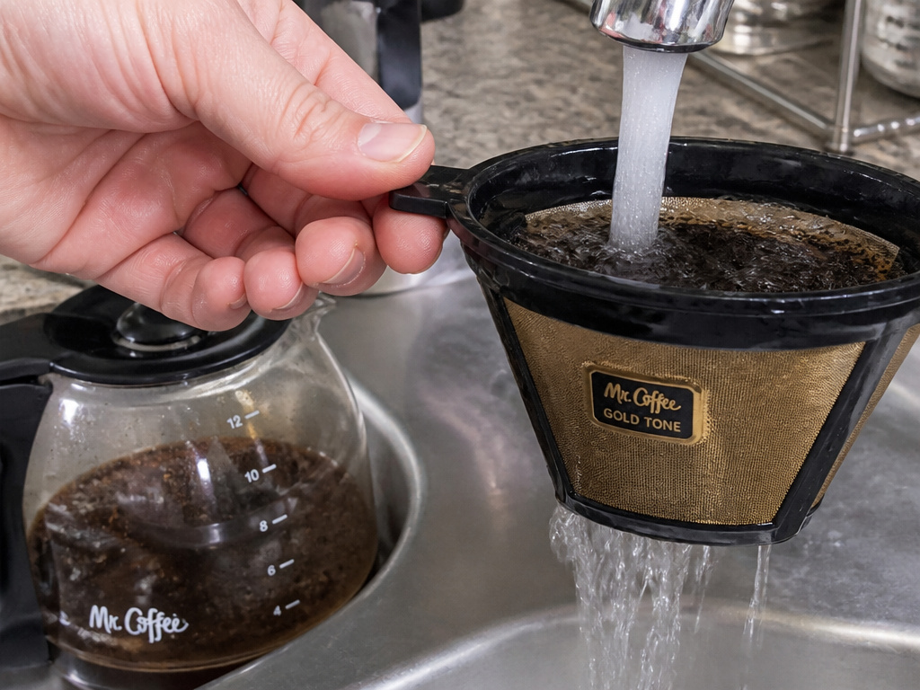 Hand rinsing a reusable Mr. Coffee filter filled with wet coffee grounds.