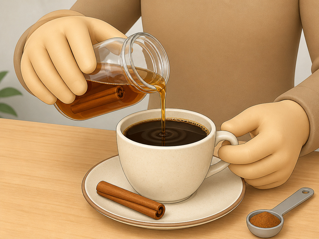 Adding cinnamon syrup to coffee, a cinnamon stick and spoon nearby.