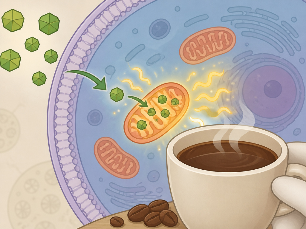 Diagram of polyphenols from decaf coffee boosting cellular energy through mitochondria.