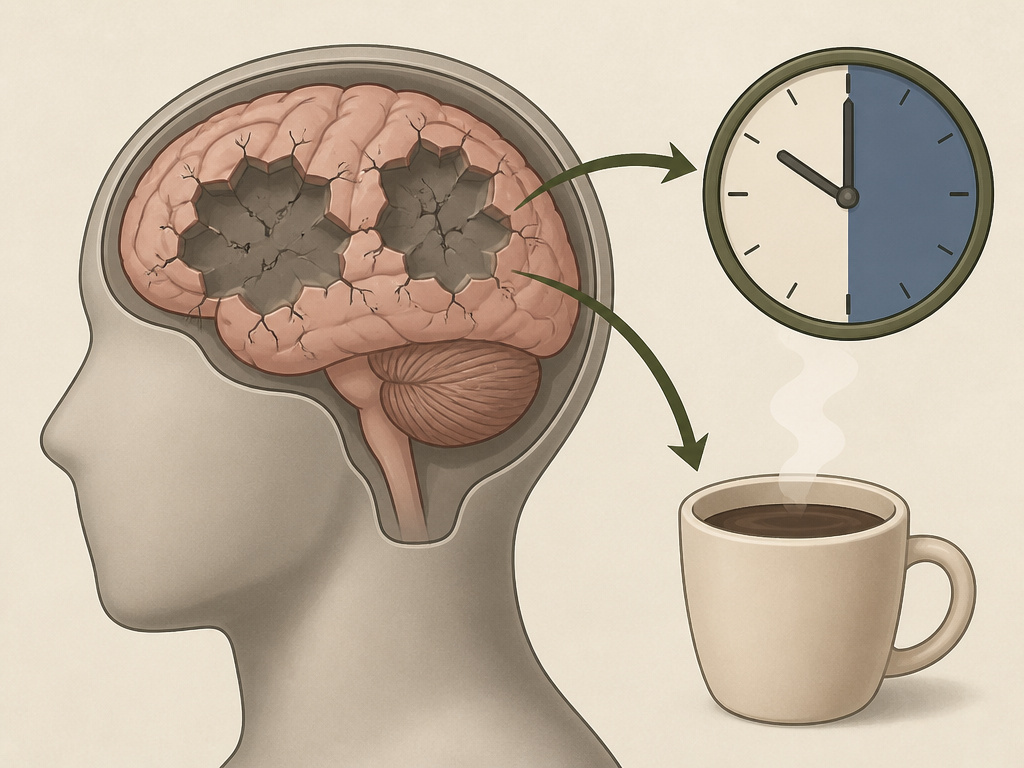 Diagram showing late coffee consumption disrupting deep sleep and REM sleep stages.