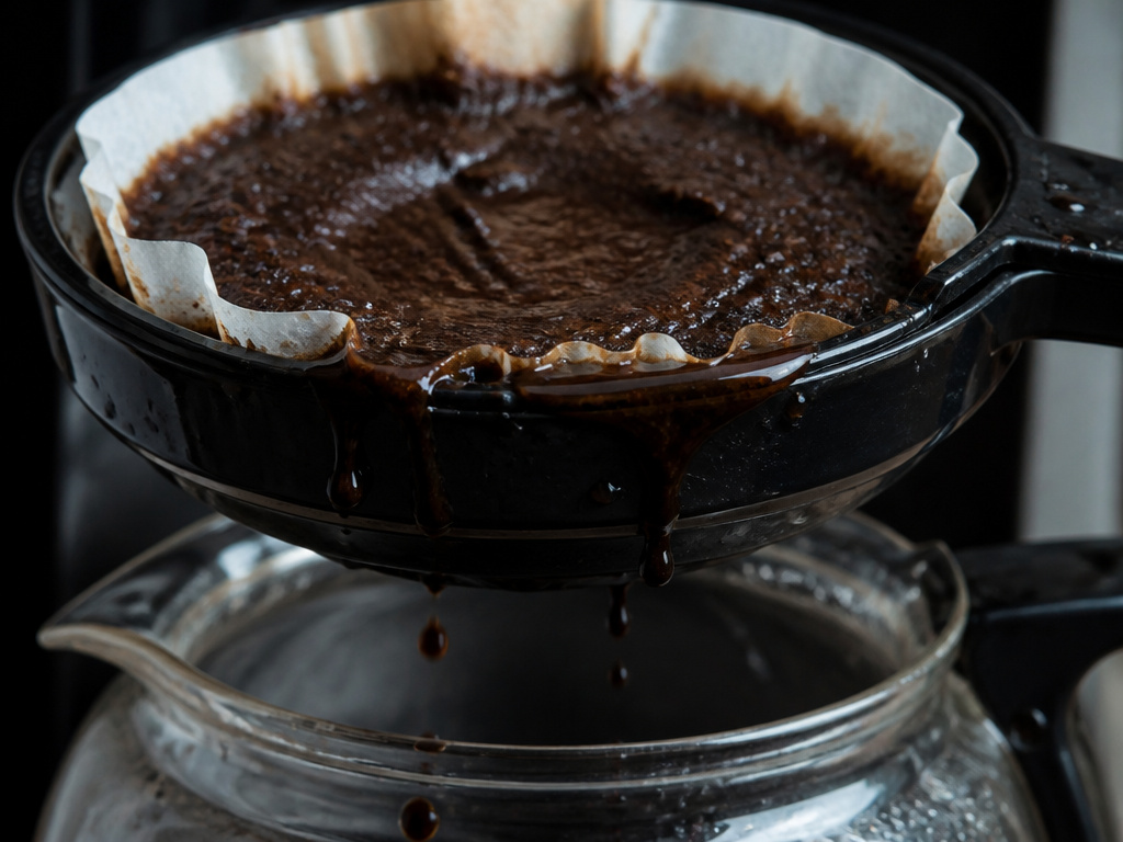 Clogged coffee filter with espresso grounds in a regular drip machine.