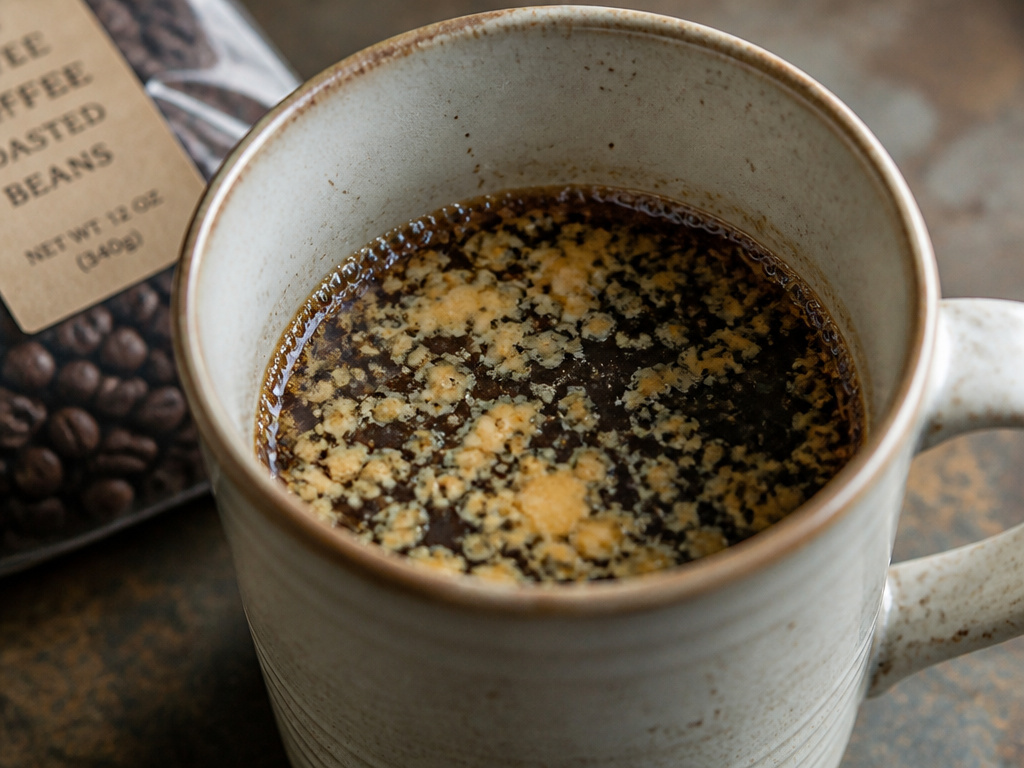 Expired coffee with spoiled dairy creamer curdled in a mug.
