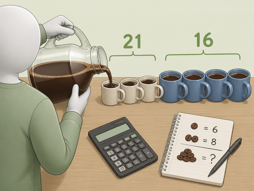 Gallon of coffee serving 16 large mugs versus 21 small cups diagram