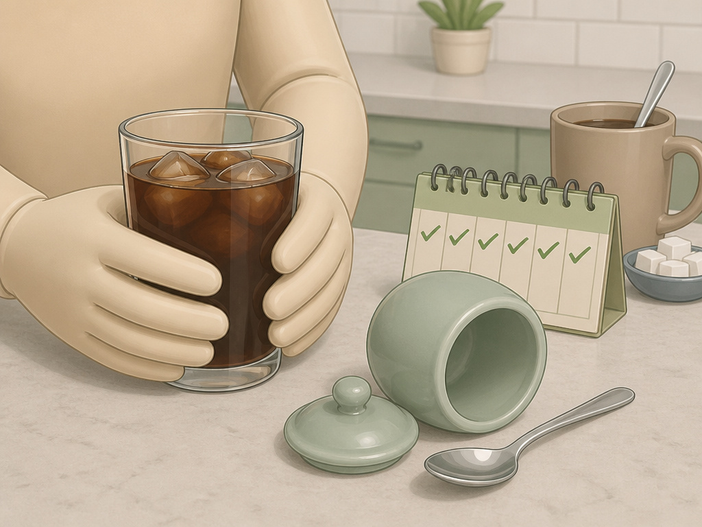 Cartoon of hands choosing unsweetened cold brew coffee over sugar for healthier habits.