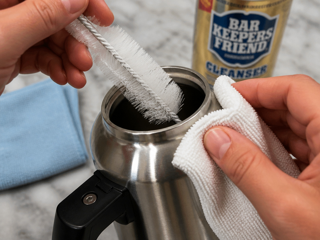 Proper tools for cleaning a stainless steel coffee pot: soft brush and microfiber cloth.
